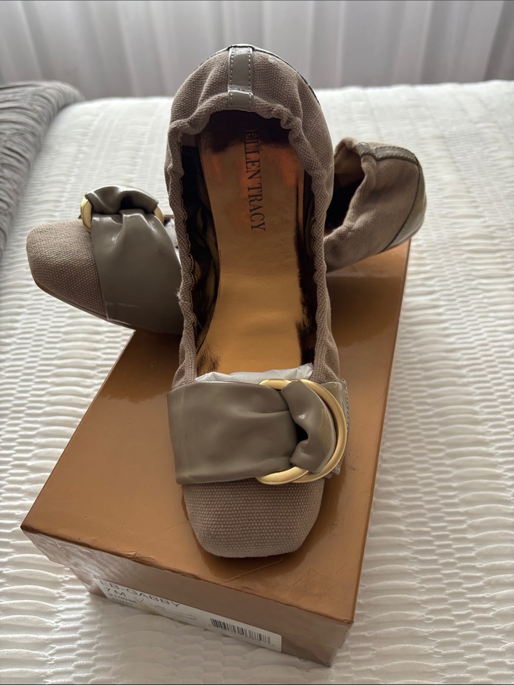 Ellen Tracy Taupe Canvas & Glossy Taupe-Brown Ballet Flats with Gold Buckle